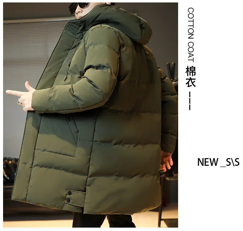 2023 Warm Hooded Mid-length Jacket Mens Casual Zip Up Cotton Padded Jacket Overcoat Autumn Winter Windbreaker Coats Men Clothing