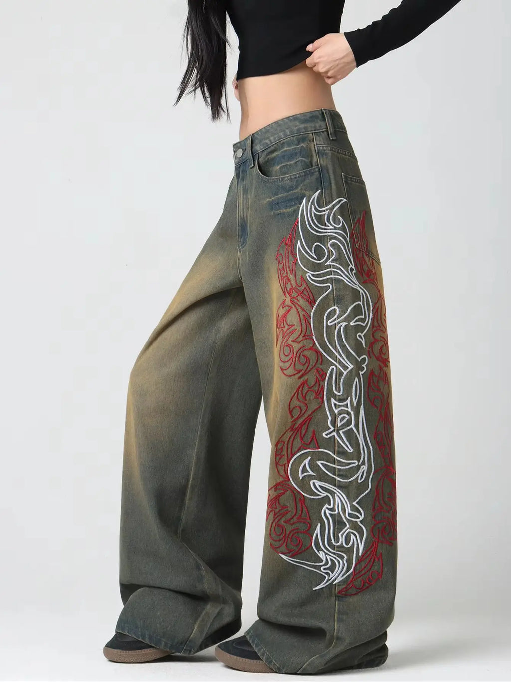 European And American Style, Dragon Pattern Flame Contrast Embroidery, Vintage Aby Style, Yellow Mud Gradient Jeans