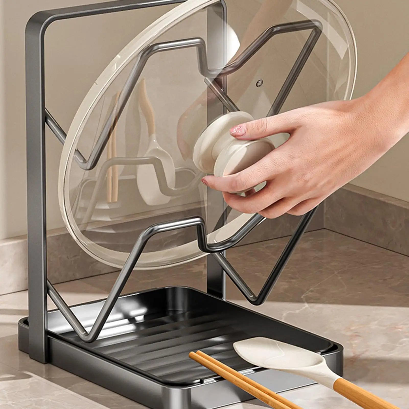 Kitchen Pot Lid Rack No Drill Pot Lid Organizer Kitchen Space Saving Countertop Organizer Rack with Drainage Tray Storage Rack