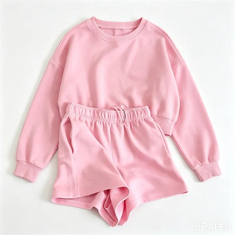 spring summer Womens Round neck long sleeve Sweatshirt Two Piece Set Casual Sweatshirt+shorts suit Daily Womens Tracksuit