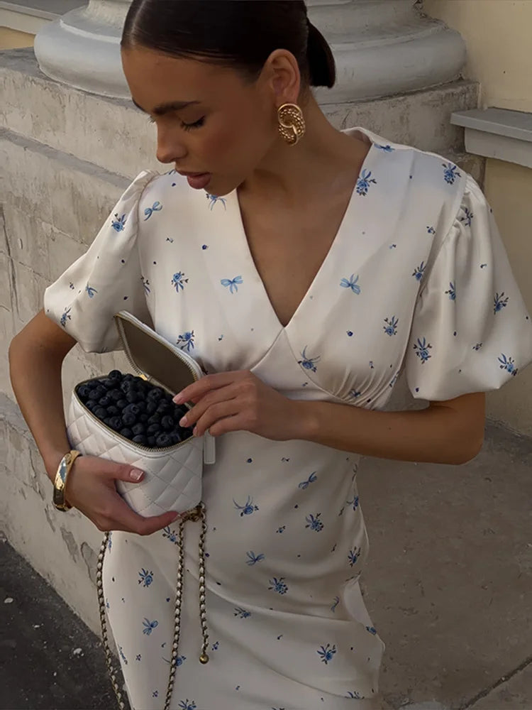 Casual Print Long Slim Dress Women Short Puff Sleeve Closed Waist V-neck Dresses Female 2026 Summer Autumn Lady Robes Chic