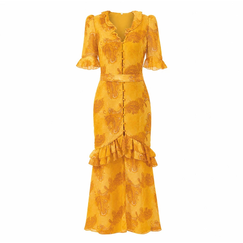 Organza Floral Printed Maxi Dress V-neck Puff Sleeve 2026 Spring/summer Romantic Women Party Gown Fashion Elegant Lady Vestido