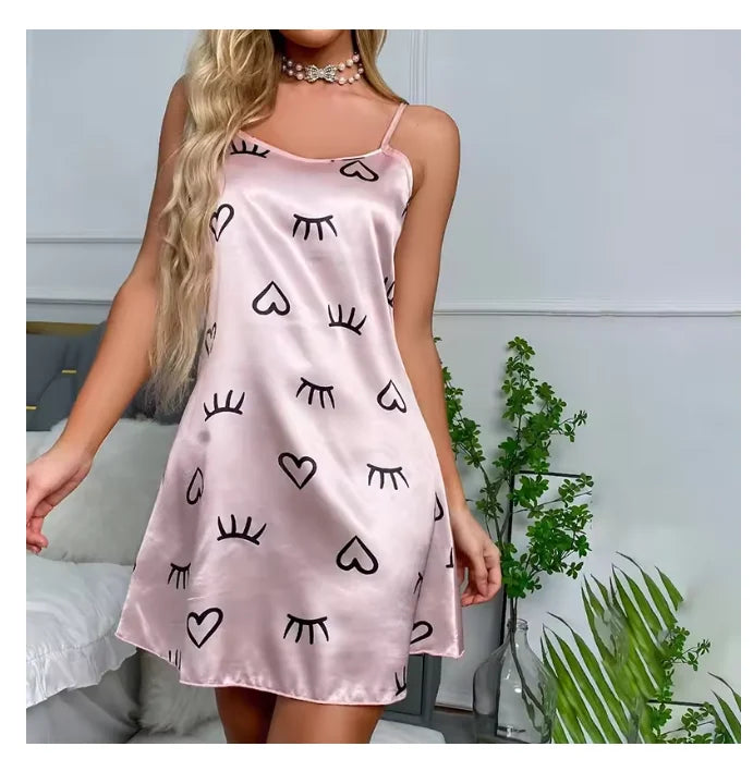 Sleepwear Women's Sexy Lingerie Heart Print Nightdress Scoop Neck Criss Cross Back Sleepdress Nightgowns Pajamas Nighties