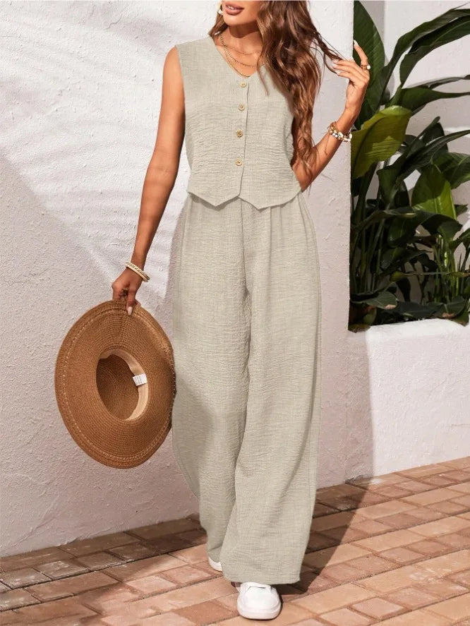 Two-piece Ladies Set 2026 Summer New Versatile Sleeveless V Neck Vest Tops Suits Fashion Casual Loose Tops Wide Leg Pants Sets