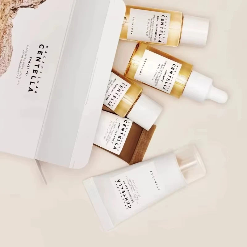 5Pcs Korea SkinCare Centella Travel Kit Set Cleansing Oil Toner Foam Ampoule Cream Cica Non-Sticky Soothe Redness Repair Skin
