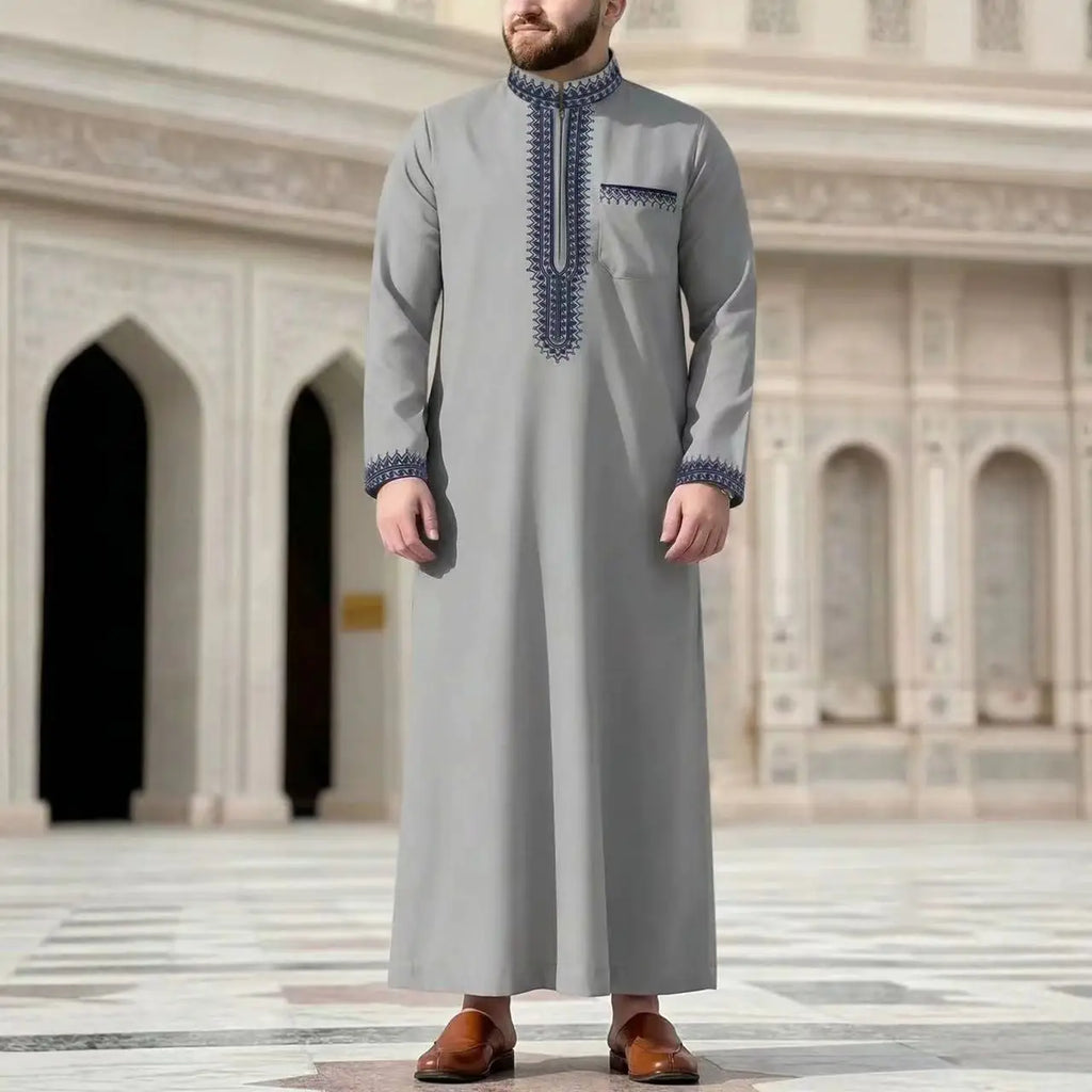 Arab Muslim Men's Robe  Ethnic Style Embroidered Moroccan Style Casual Traditional Islamic Thobe Long Dress Prayer Gown