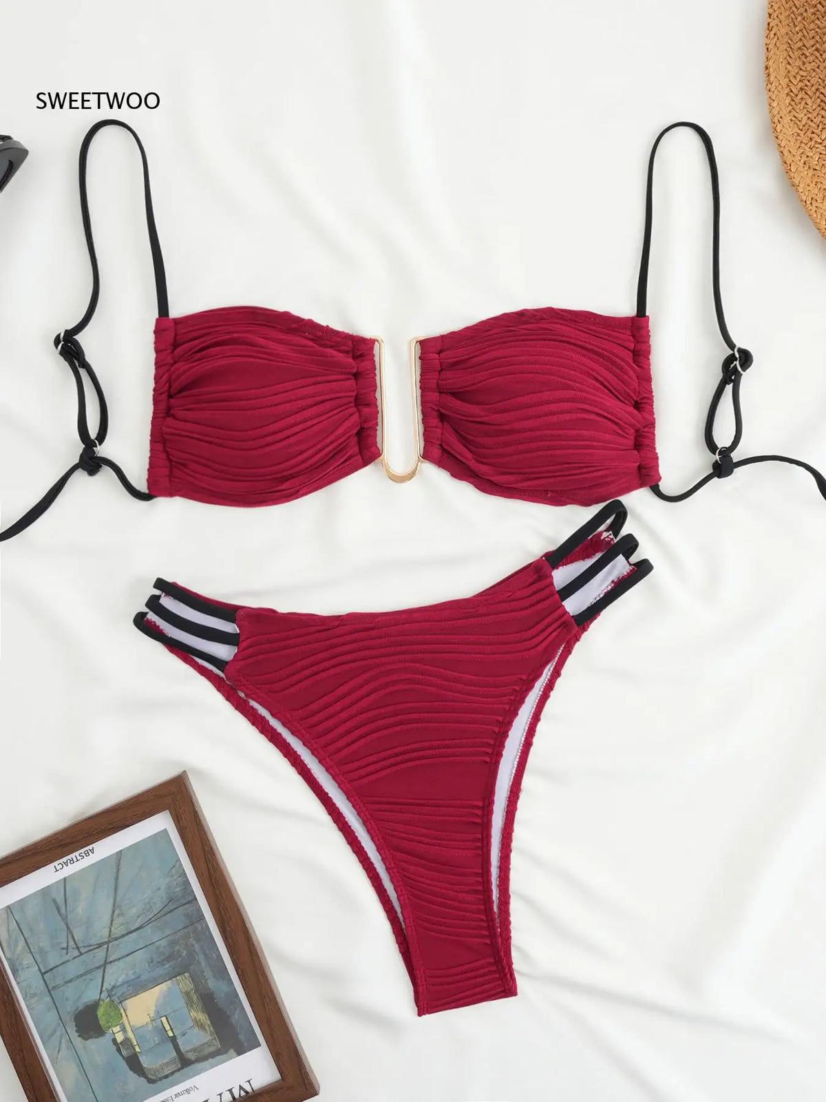 Color Block Ruched Bikini Swimsuit Thin Shoulder Straps Square Metal Ring Bikini Top Multi Strap Brief Fashion Bathing Suit