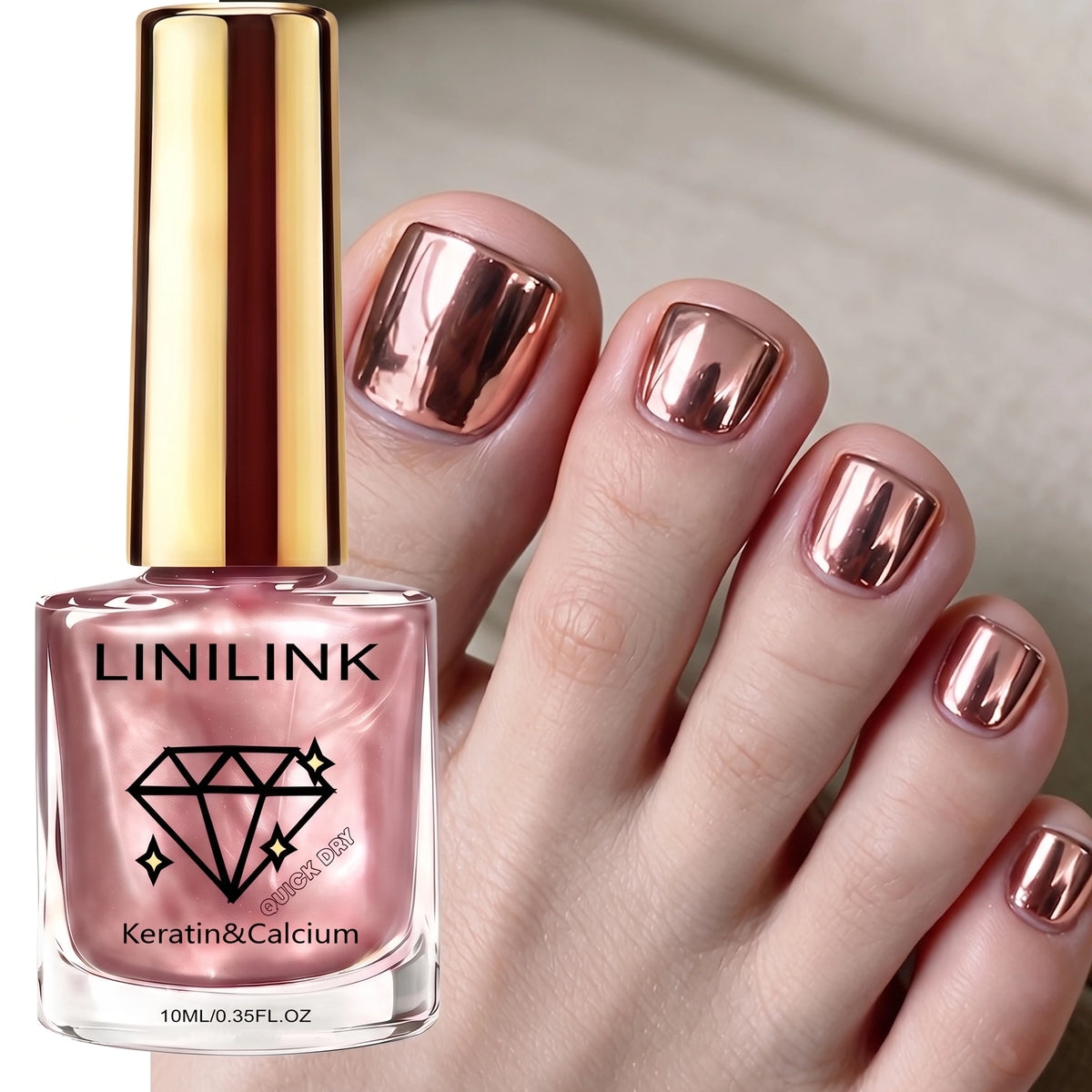 10ml champagne Rose Gold Metallic Polish, No-Bake Quick-Dry, Silky High-Shine, Cyberpunk, Salon Home, for Weak/Soft Nails, Must