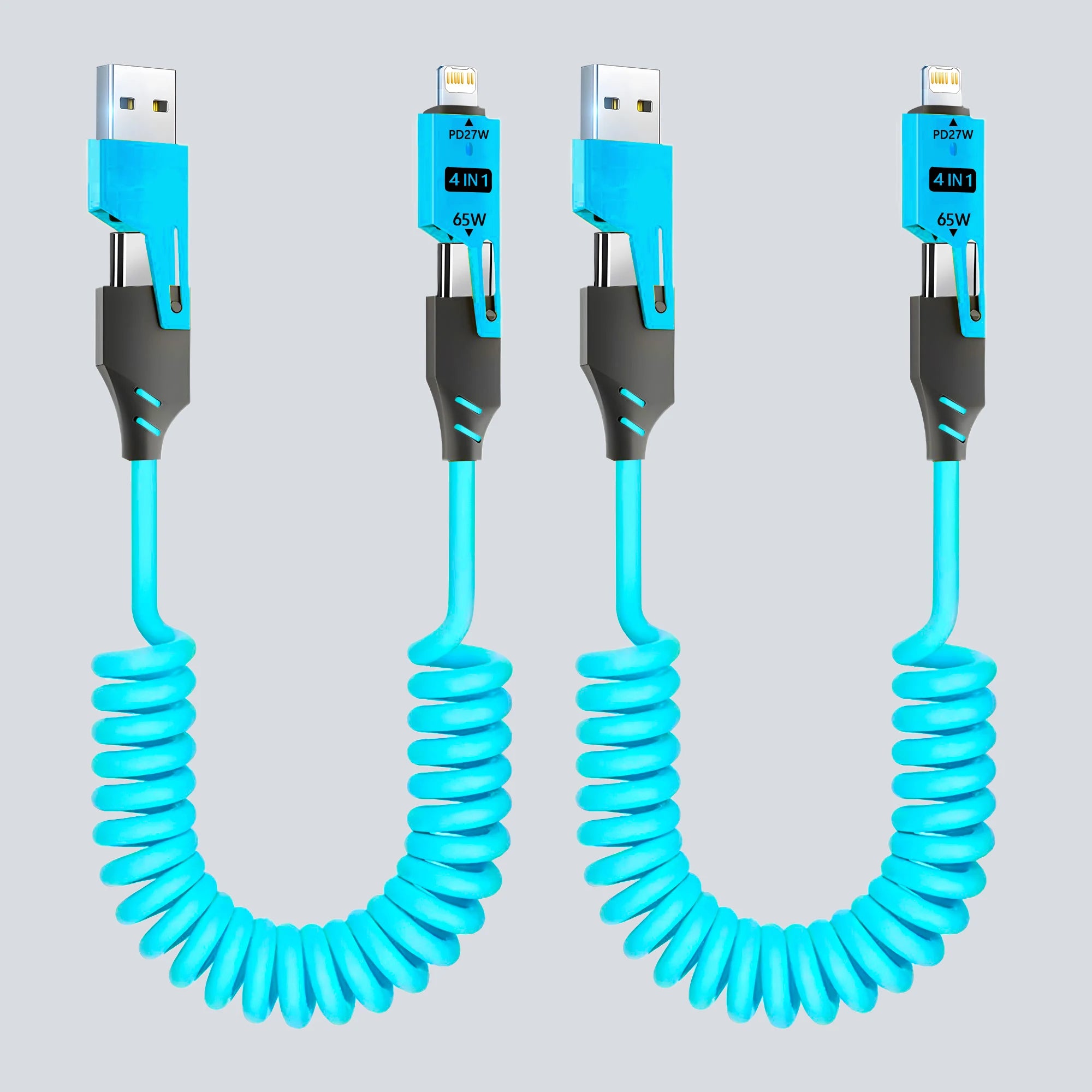1/2PCS 4-in-1 Spring Data Cable & 65W Quick Charger: 6A USB Type-C Telescopic Wire Compatible with iPhone/iPad/MacBook/Huawei