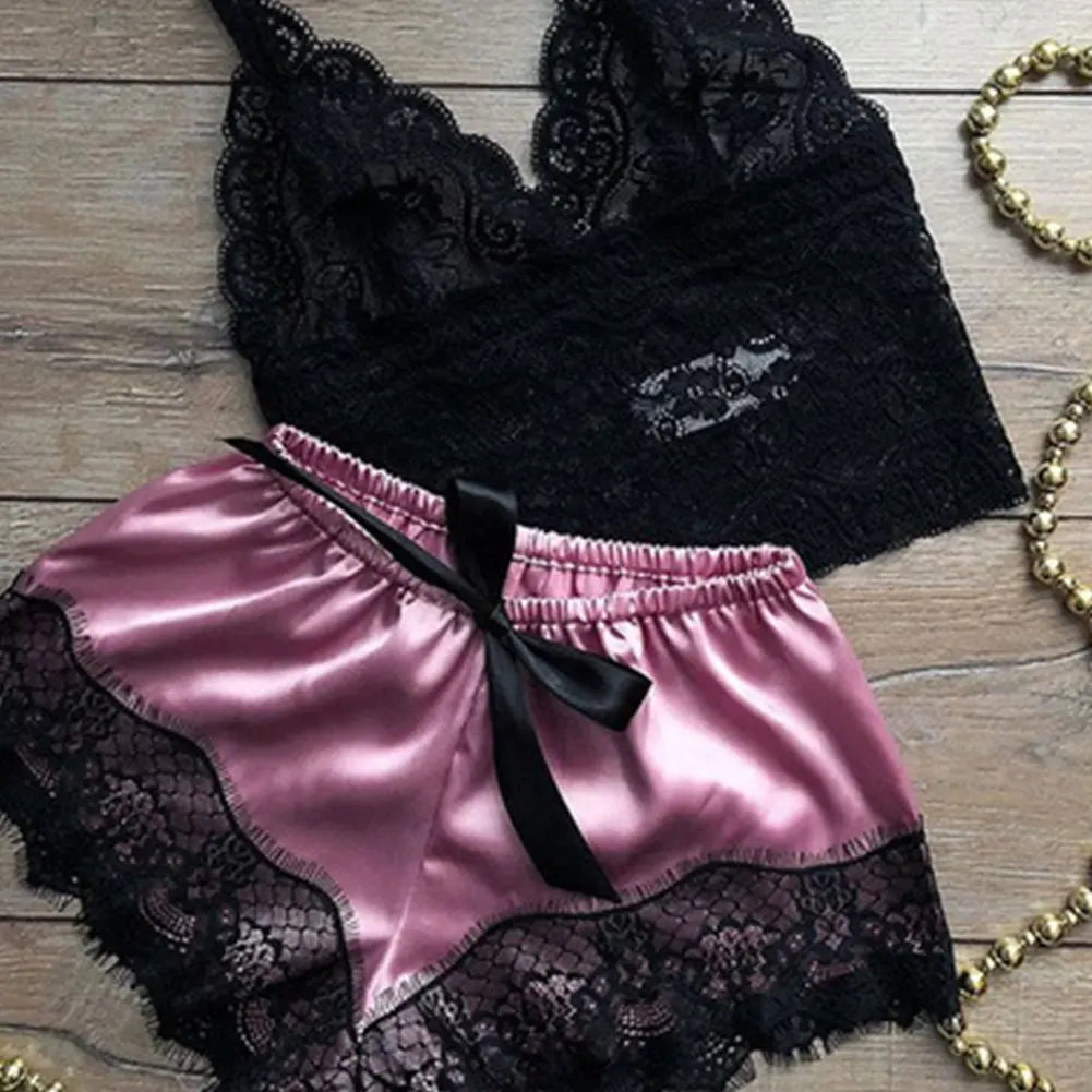 1 Set Fashion Womens Lace Sleepwear Lingerie Tops Shorts Set Babydoll Pajamas Sports Underwear Nightwear 4 Colors