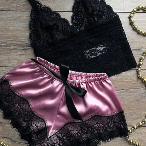 1 Set Fashion Womens Lace Sleepwear Lingerie Tops Shorts Set Babydoll Pajamas Sports Underwear Nightwear 4 Colors