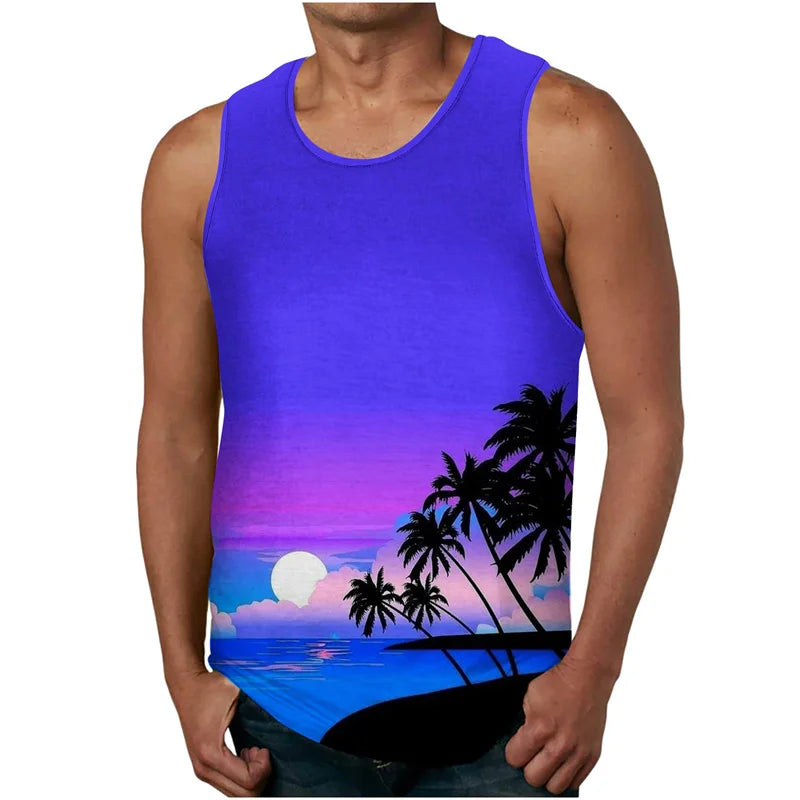 vintage Summer 3D New Coconut Trees Printed Tank Top Tropical Leaves Graphic Tank Tops Men Fashion Cool Streetwear Clothing Vest