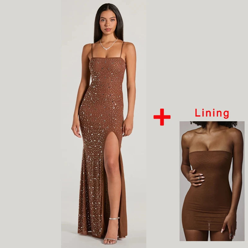 Light Luxury Nightclub Party Sexy Suspender Dress Spring and Summer New Women Fashion Bright Diamond Side Slit Hip Hugging Dress