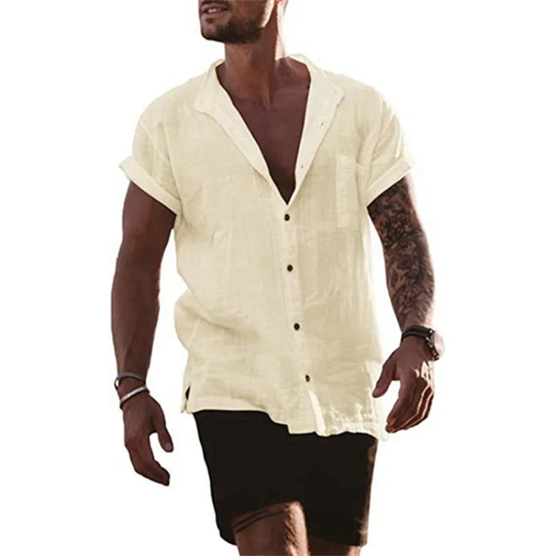 Male Short Sleeve Shirts Cotton Linen Shirts Blouses For Men Loose Business Normal Social Top Formal Dress Shirt Mens Clothing