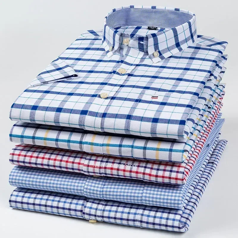 2025 100% Pure Cotton Men's Oxford Short Sleeve Square Collar Soild Plaid Striped Summer Casual Shirts Single Pocket  Shirt