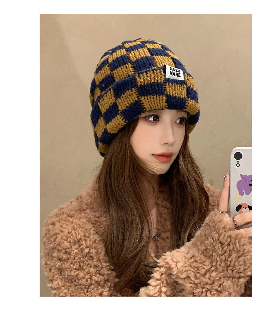 Luxury Brand Chessboard Plaid Knitted Hat Women Winter New Big Size Hat Warm Beanies Skullies Green Red Xmas Christmas Hat