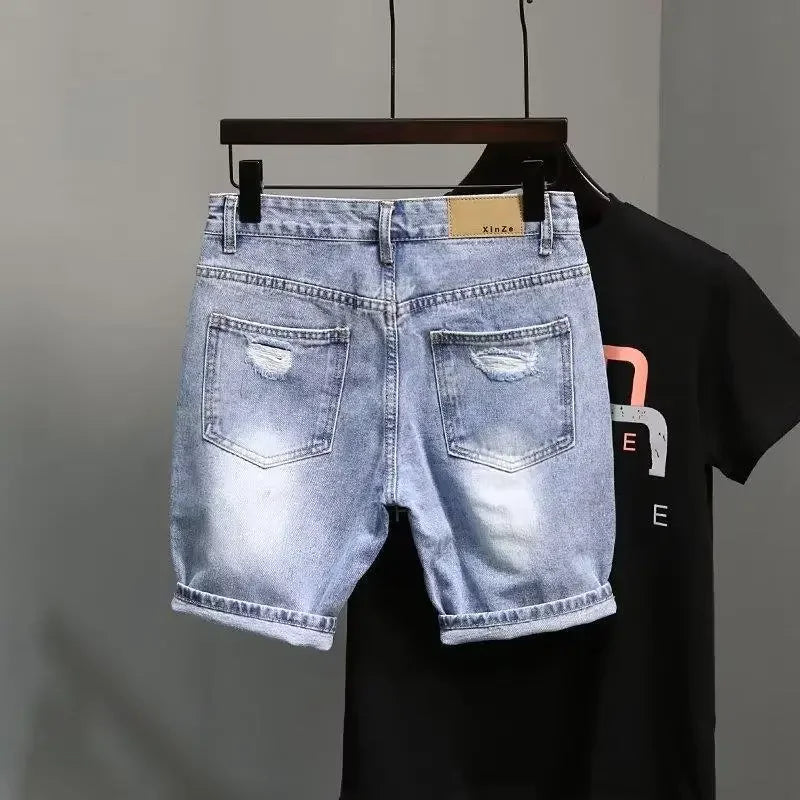 Trendy Blue Denim Shorts For Men Casual Style Slim Fit Korean Version Ripped Pockets Summer Lightweight Trousers