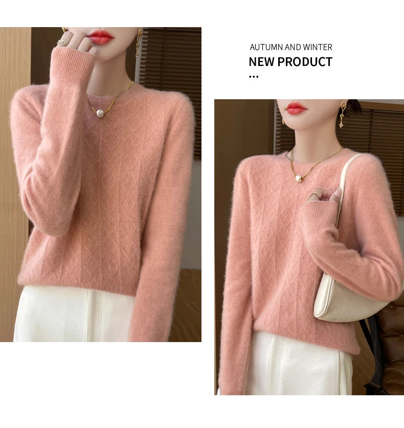 Fall/Winter 2024 New Women's Sweater 100% Pure Wool Lotus Collar Solid Color Loose Knitted Cashmere Pullover