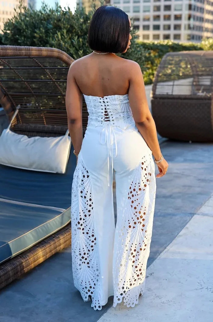 Women's Solid Color Pants Sets Hollow Out Lace Tube Top Cropped Top High Waist Trousers Two Piece Set Sexy Hot Girl Streetwear