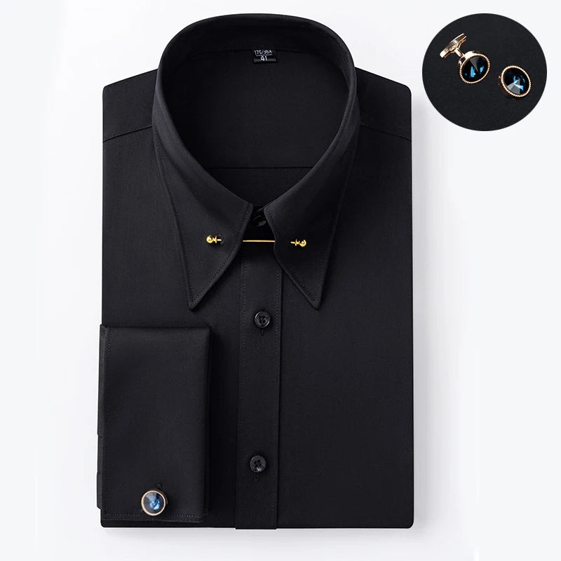 Embroidered French Cufflinks Men's Long-Sleeve Shirt with Collar Pins No tie Big Collar Dress Shirt for Business Formal Gentlema
