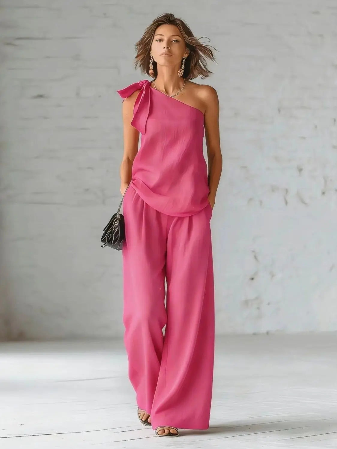 2026 Summer Sexy Off Shoulder Tank Tops Wide Leg Pants Two Piece Sets Casual Loose Solid High Waist Pants Sets Lace Tops Outfits