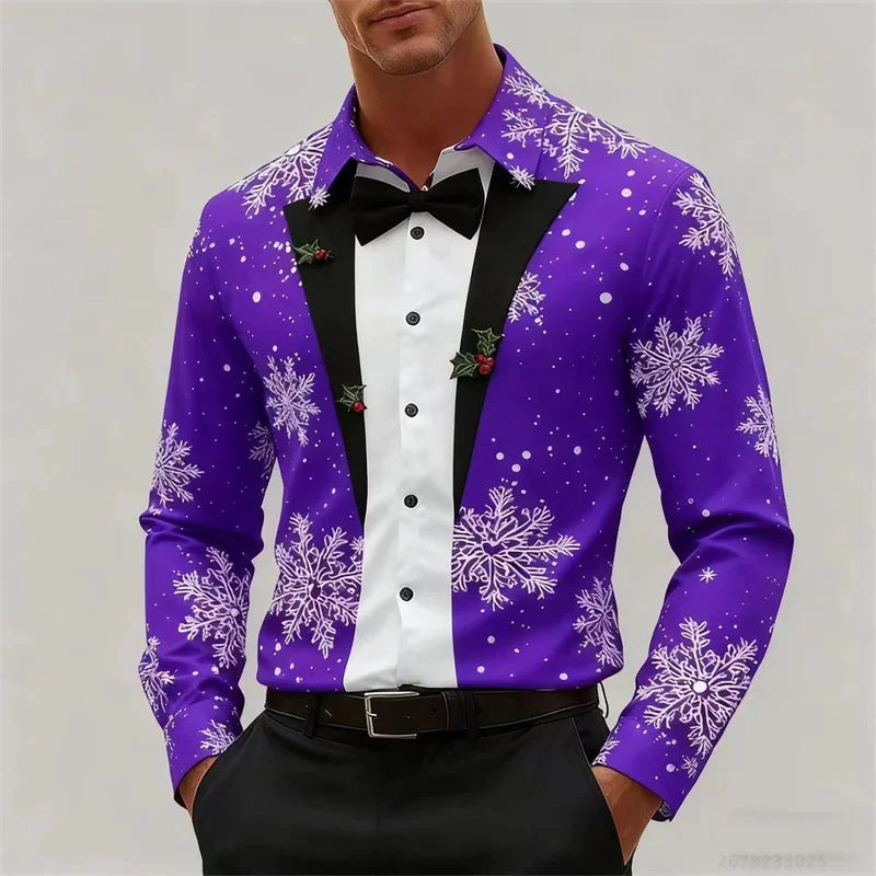 Men's Christmas long-sleeved shirt, 3D high-definition printed Christmas tree pattern, lapel button men's shirt, party wear