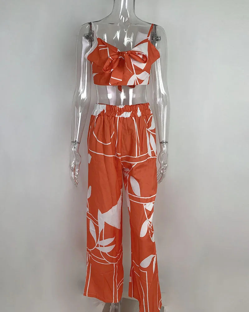 Elegant Two Piece Outfits For Women 2025 Sexy V-Neck Strap Backless Lace-up Slim Crop Top & Wide Leg Pants Sets Summer Lady Suit