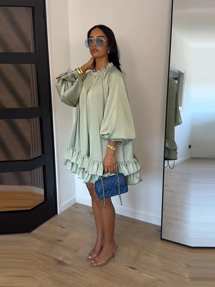 Fashion Ruffled Mini Dress for Women Elegant Long Puff Sleeve O Neck Short Dresses 2026 Summer New Lady Solid Loose Robe Street