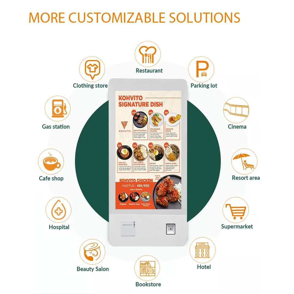 32-Inch interactive digital signage kiosk for self-service ordering and payment systems in restaurants and cafeterias