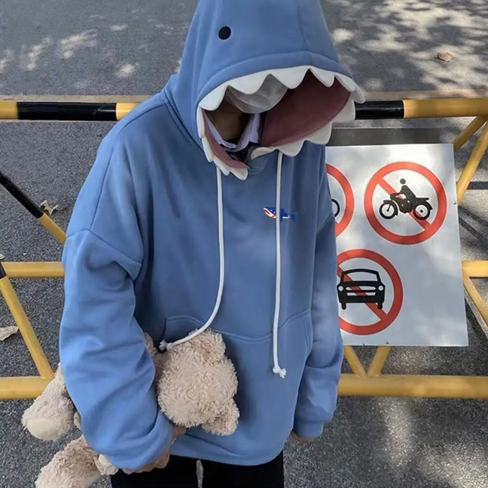 Men Shark Hoodie Winter Pullover Sweater Casual Pocket Long Sleeve Pull Female Solid Hooded Sweaters Trendy Couple's Pullovers