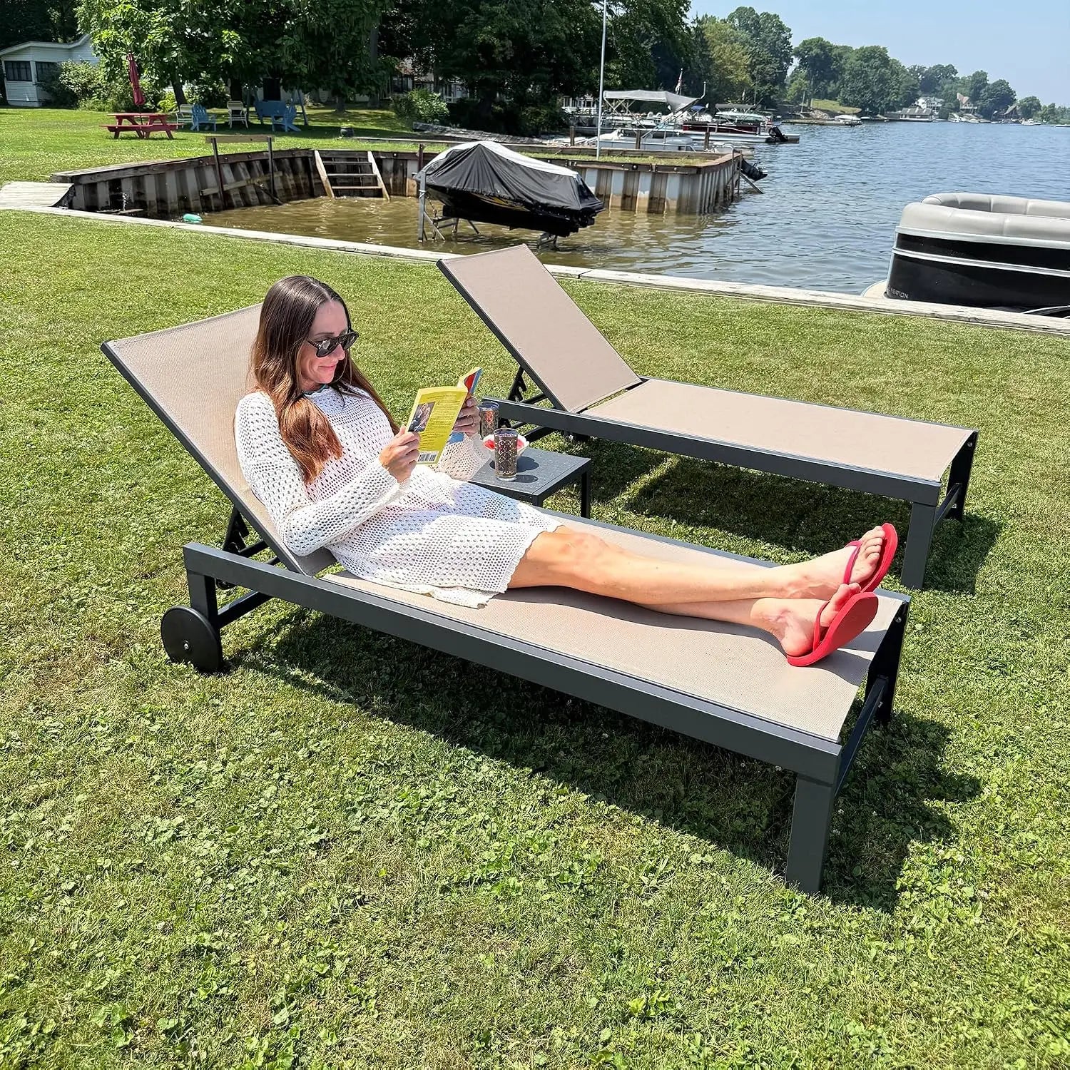 Fade-Resistant Pool Chaise Lounge, Quick-Dry Fabric, Rust-Proof Frame, 5-Position Recline, Wheels, 270 Lbs, Outdoor, Customized
