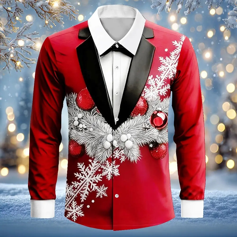 Men's Christmas Costume Christmas Light Suit Tie Printed Tuxedo Shirt Button Up Shirt Long Sleeve Outdoor Holiday Spring Fall