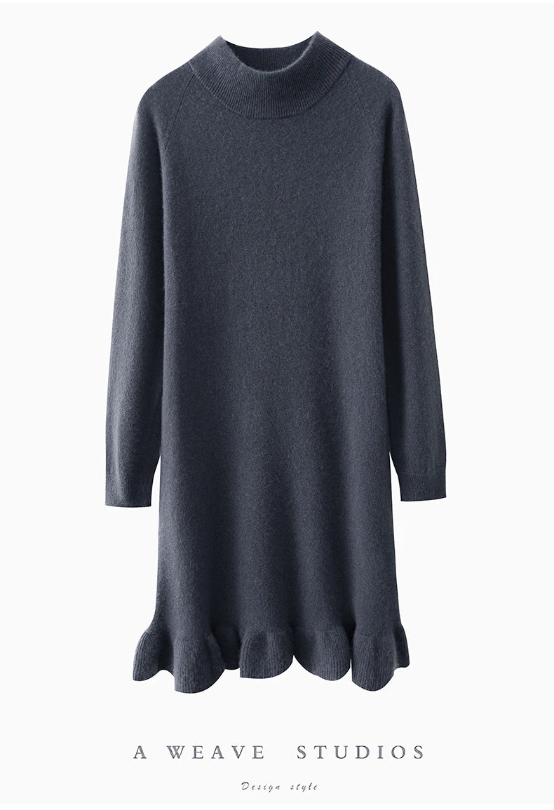Women's Pure Wool Knitted Dress, High Collar, Pleated, Casual, Fashionable, Warm, 2024 Autumn And Winter