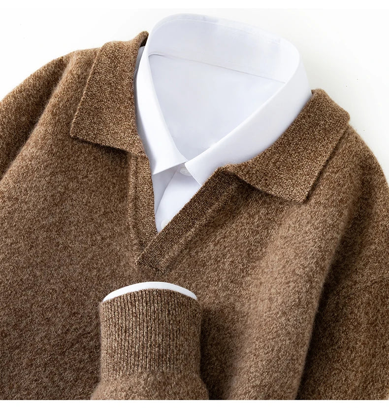 Autumn/Winter Men's 100% Pure Cashmere Pullover Business Casual Solid Knitted Sweater Loose Collar Tops Thick Warm Base Jumper