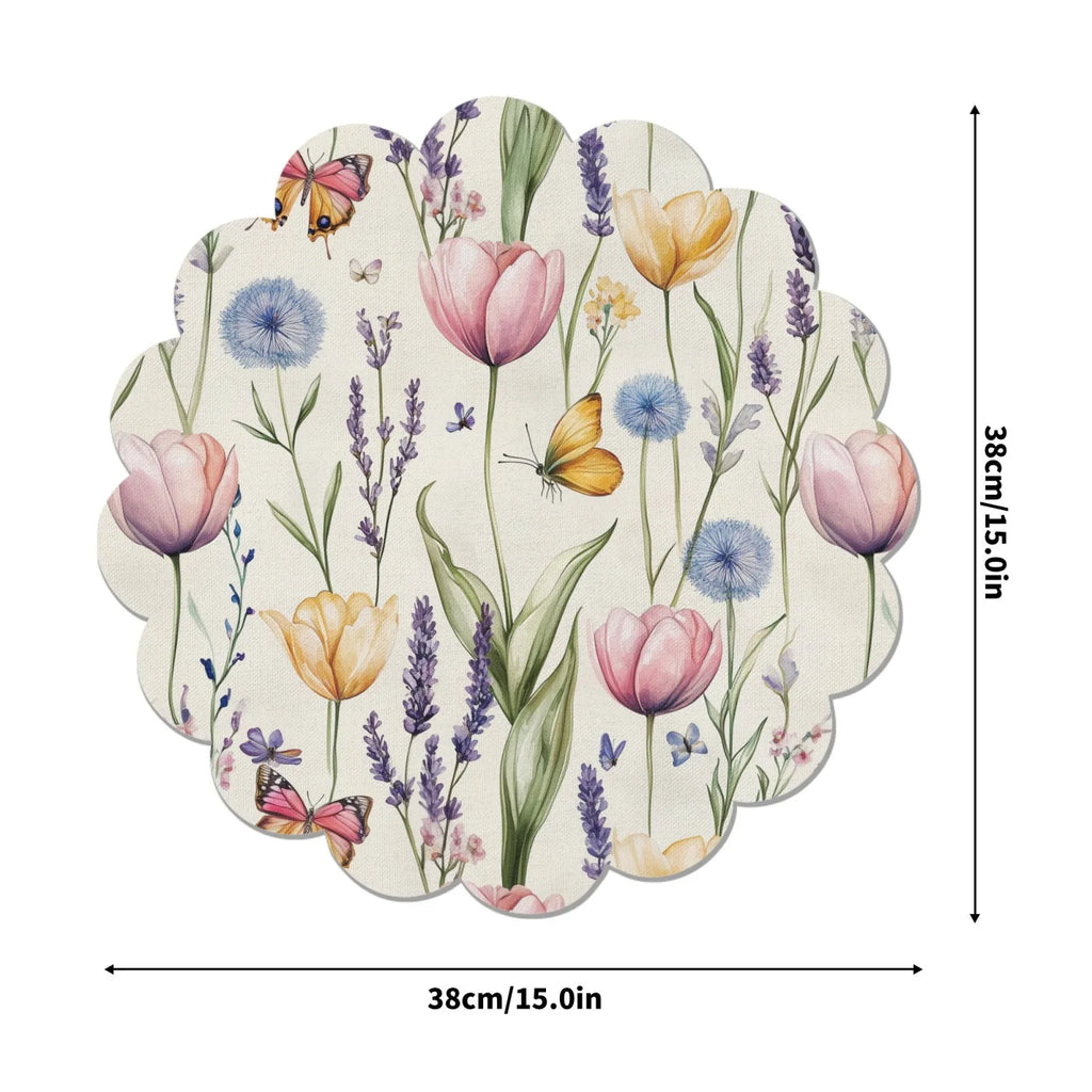 VIKAMA 4pcs Spring Floral Round Placemats Tulip And Lavender Print Placemats Home Dining Table Decor Coffee Coasters