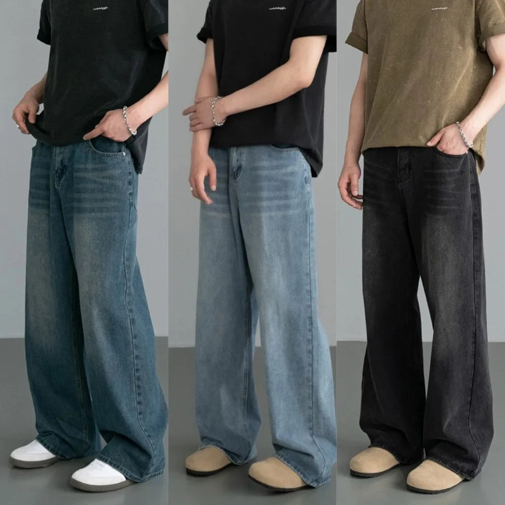 Spring Autumn Men's New Denim Pants Old Blue Washed Casual Jeans Menwear Loose New Fashion Contrasting Color Wide Leg Trousers