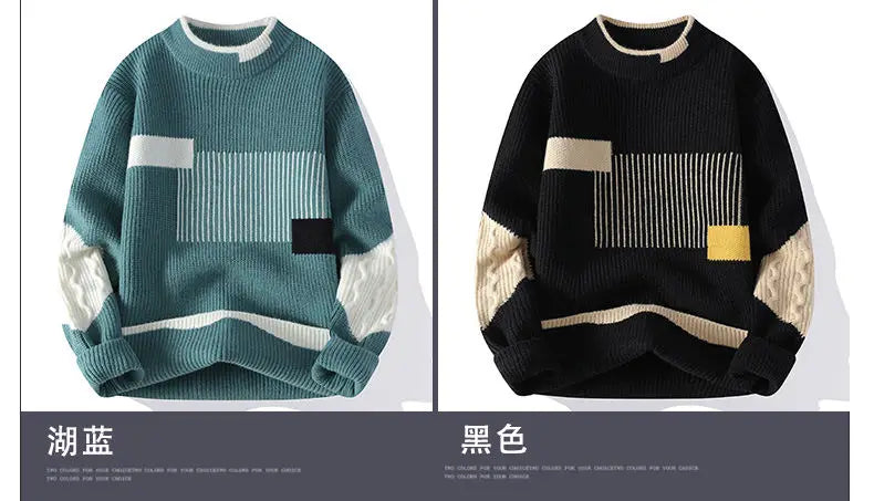 Mock Neck Knitted Sweater Men Women Autumn Winter Daily Casual Warm Knitting Pullovers Men's Fashion Patchwork Pullover Sweaters