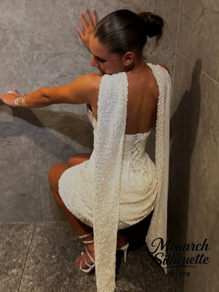 Sexy Sequin Pleated Strapless Mini Dress Women Chic  Scarf Collar Off Shoulder Waist Cinching Dresses Lady Evening Party Gown