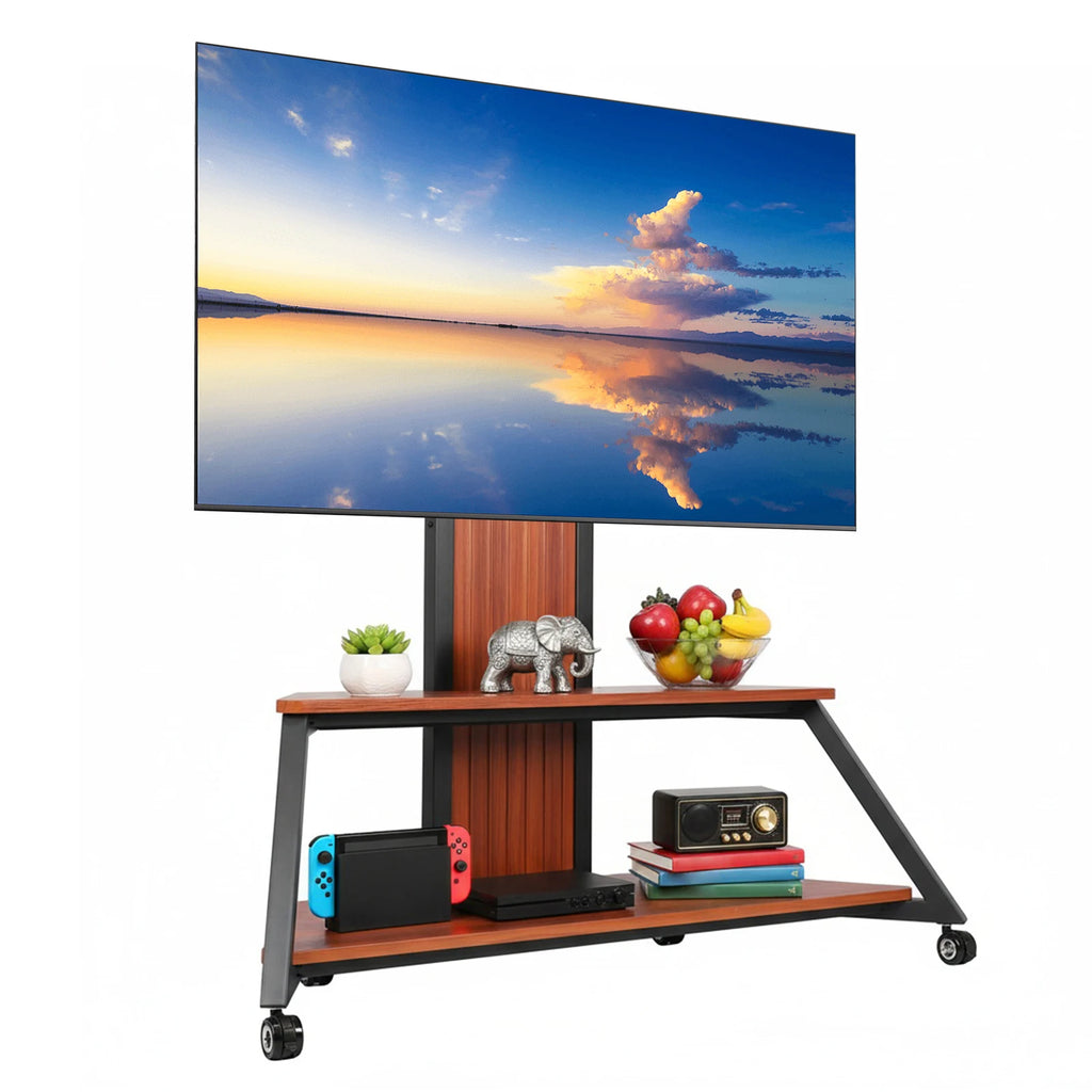 Rolling TV Stand for 60-100 Inch TVs Up To 220 Lbs with Wooden Shelves Rolling TV Floor Stand Height Adjustable Lockable Wheels