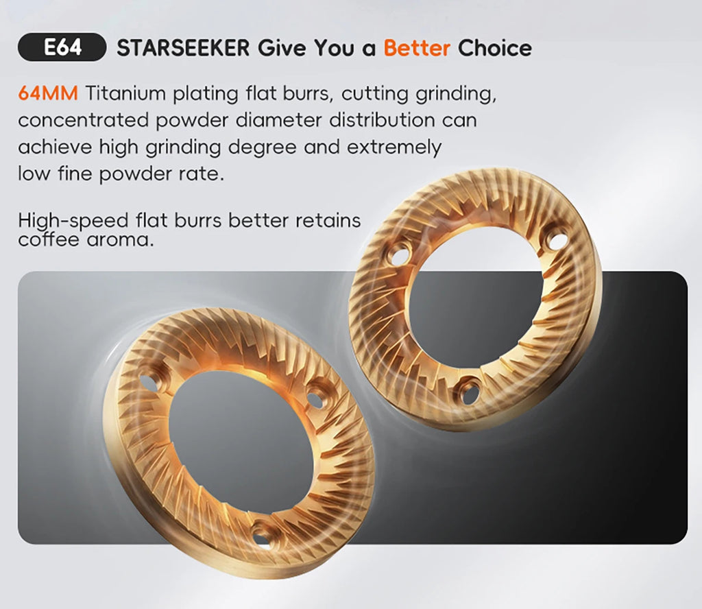STARSEEKER E64 Electric Coffee Grinder Home 64mm Titanium Plated Flat Burr 1800RPM For Espresso Coffee Bean Stepless Adjustment