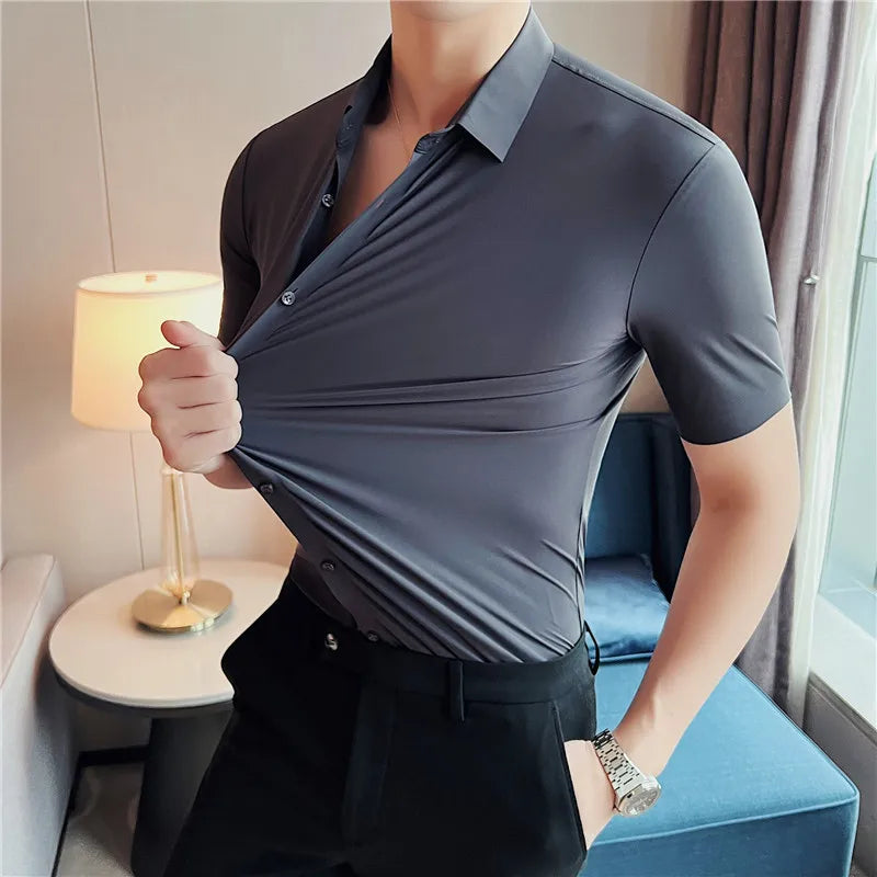Men's Ultra Stretch Seamless Long Sleeve Shirt Top Quality Business Casual Breathable Stretchable Solid Color Formal Dress Shirt