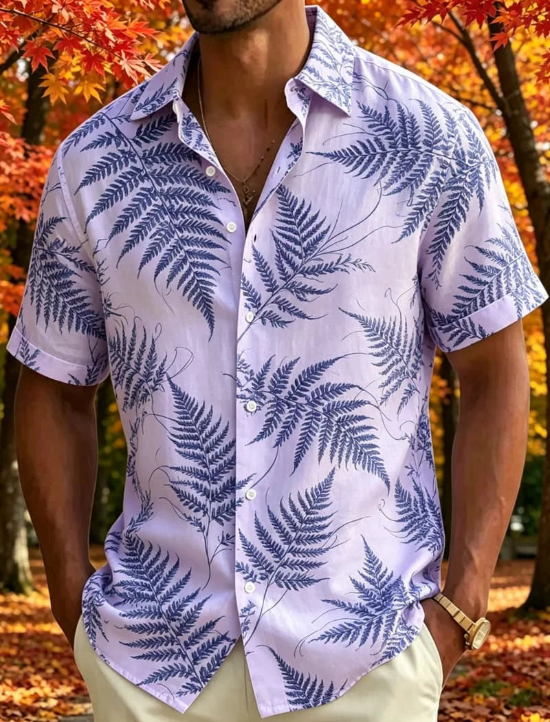 Men's Leaf Print Tropical Short Sleeved shirt, Suitable For Summer wear, Casual activities, And Versatile Natural Style