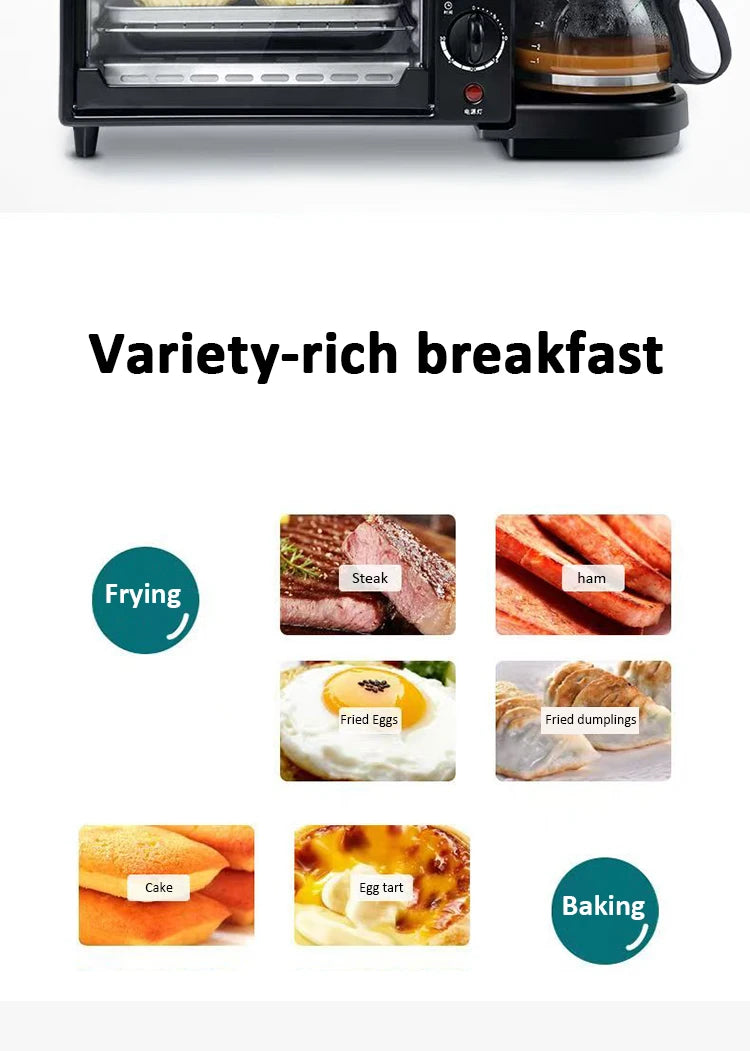 Multifunctional 110V/220V 3 In 1 Breakfast Machine Mini Toaster Oven with Timer