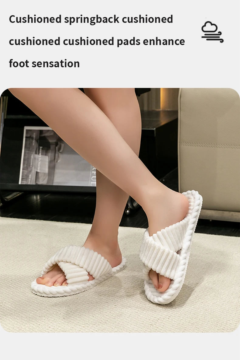 Fashion Corduroy Cross Band Open Toe Home Slippers Women Autumn Winter Warm Plush Slides Ladies Bedroom Soft Sole Slippers