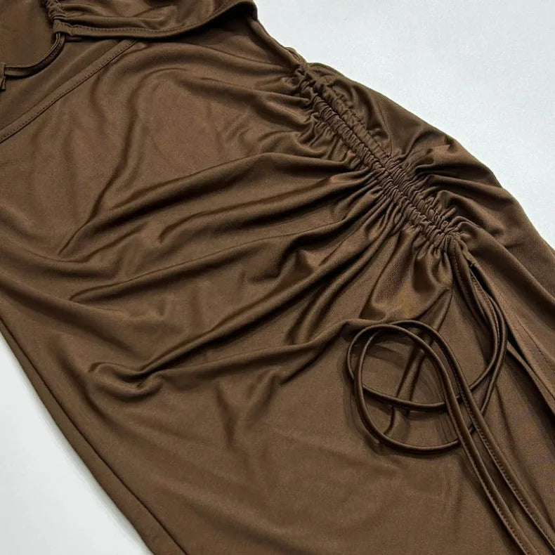 Solid Color Neck Hanging, Pleated High Slit Sexy Dress Birthday Party Dinner Party Sexy Elegant Fashionable Dress