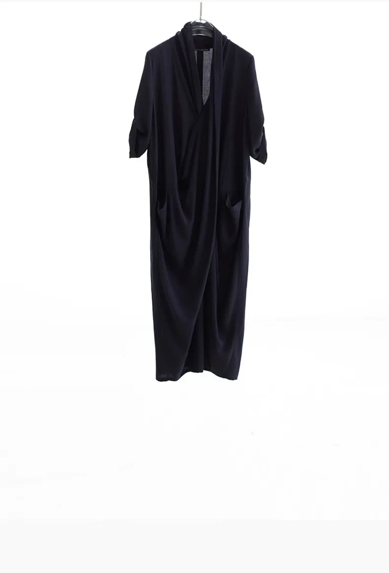 New Chinese-Style Dress~Draped Collar Navy Blue Pleated Dress, Summer Slimming and Elegant Long Dress for Women