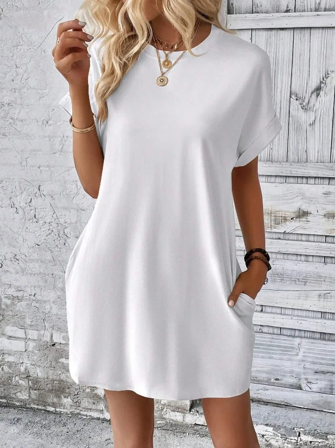 New women's spring and summer fashionable temperament casual commuting solid color round neck loose short sleeved pocket dress