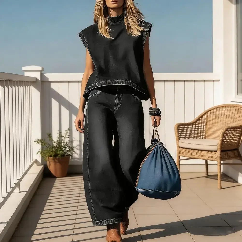 Wide-leg Denim Vest Pants Set 2026 Women Summer Outfit Sleeveless Top Trousers Set Casual Women Outfit Party Wear Two-piece Set
