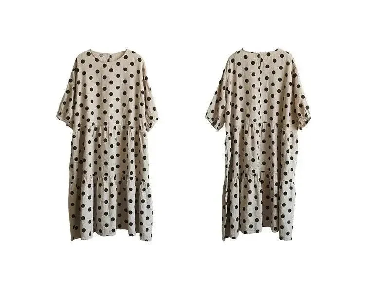 Fashion Retro Cotton and Linen Polka Dot Dress for Women Loose Slim Puff Sleeve Linen Doll Skirt