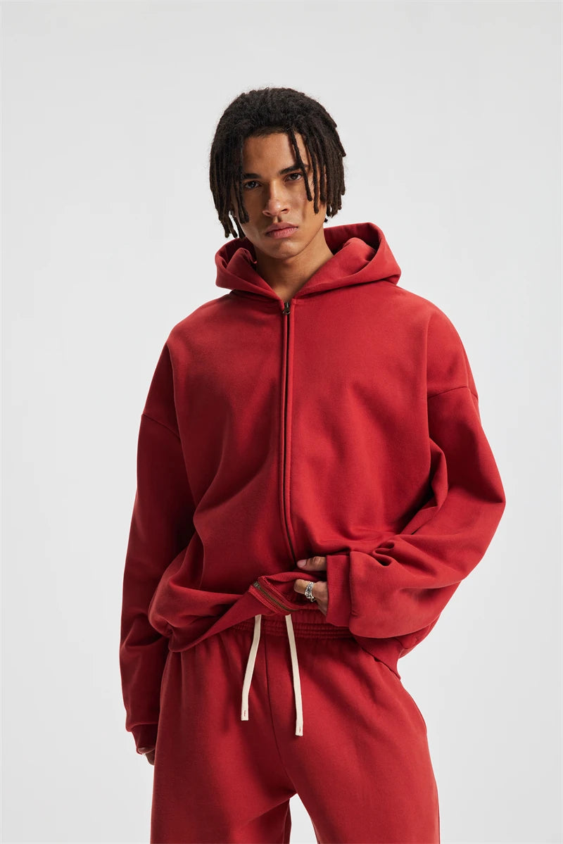 ZODF Trendy Winter Man Warm 430gsm Fleece Zipper Hoodies Unisex Solid Loose Zip-Up Hooded Coats Brand Outfit HY1130